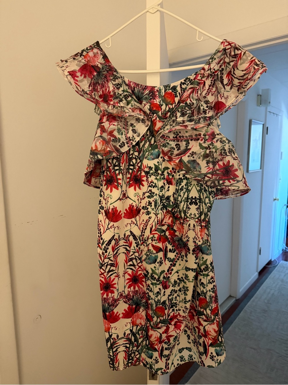 Badgley Mischka Cream Floral Off-Shoulder Dress with Pink & Green Accents